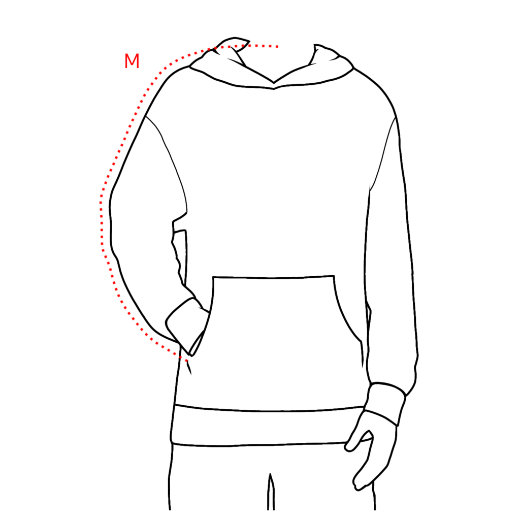 Imagen que muestra el esquema de toma de medida de la manga de una sudadera tipo hoodie con la prenda puesta
