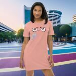 Modelo femenina vistiendo el Playera-Vestido Eco para Mujeres, una combinación perfecta de estilo casual y elegante en una ciudad moderna