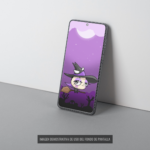 Teléfono con el fondo de pantalla de Wachi brujita temática de Halloween, colocado sobre una pared para una experiencia envolvente.
