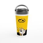 Taza de viaje de acero inoxidable con diseño Pictonemi Clásico en fondo blanco.