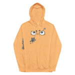 Sudadera Splash Paint amarilla sobre fondo blanco, resaltando los detalles como la gorra, las cintas en el cuello para ajustar la gorra, los impresos y la bolsa frontal espaciosa.