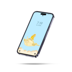Imagen de un equipo celular mostrando el fondo de pantalla del pollito chibi volando en un avión.